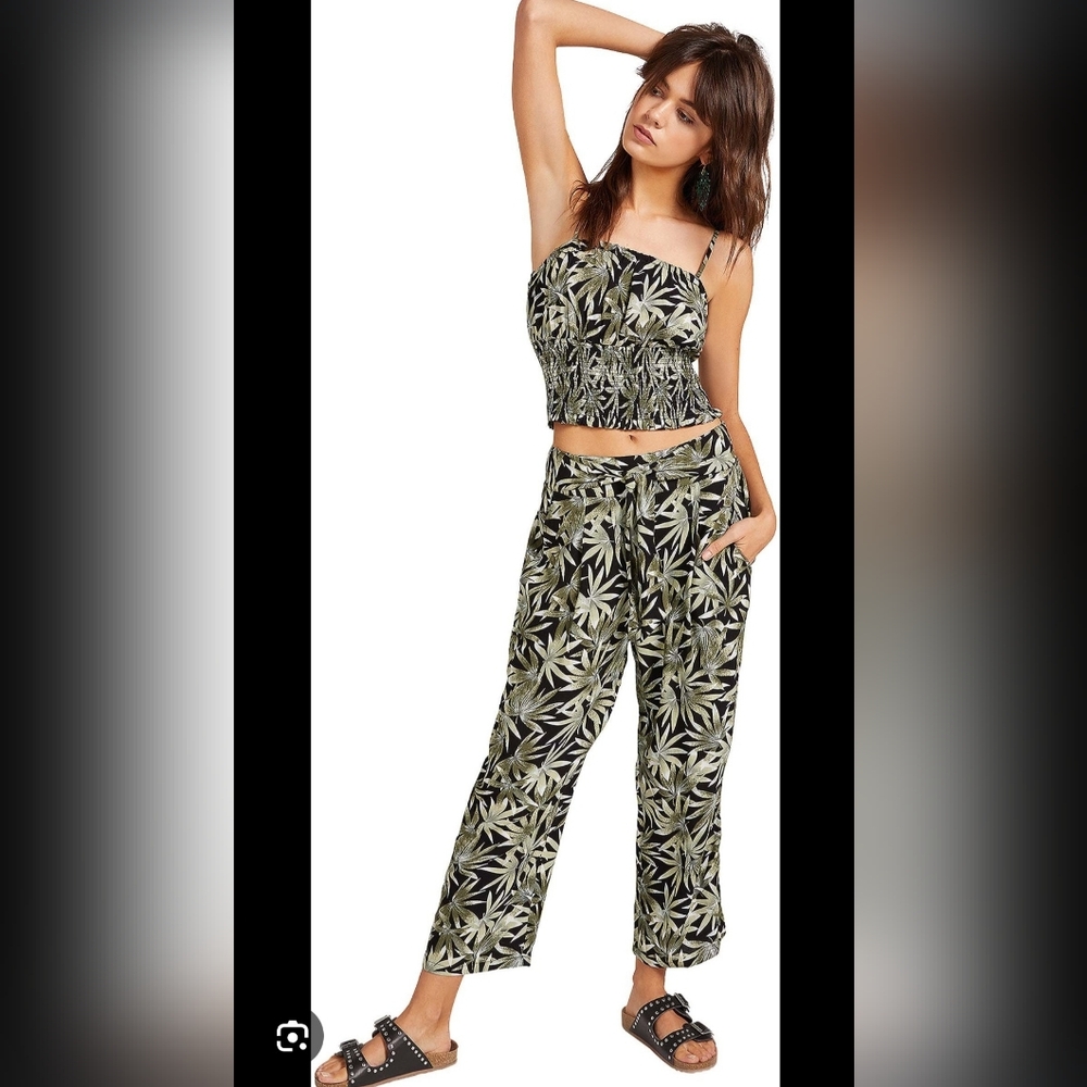 Volcom Black and Cream Leaf Print Jumpsuit